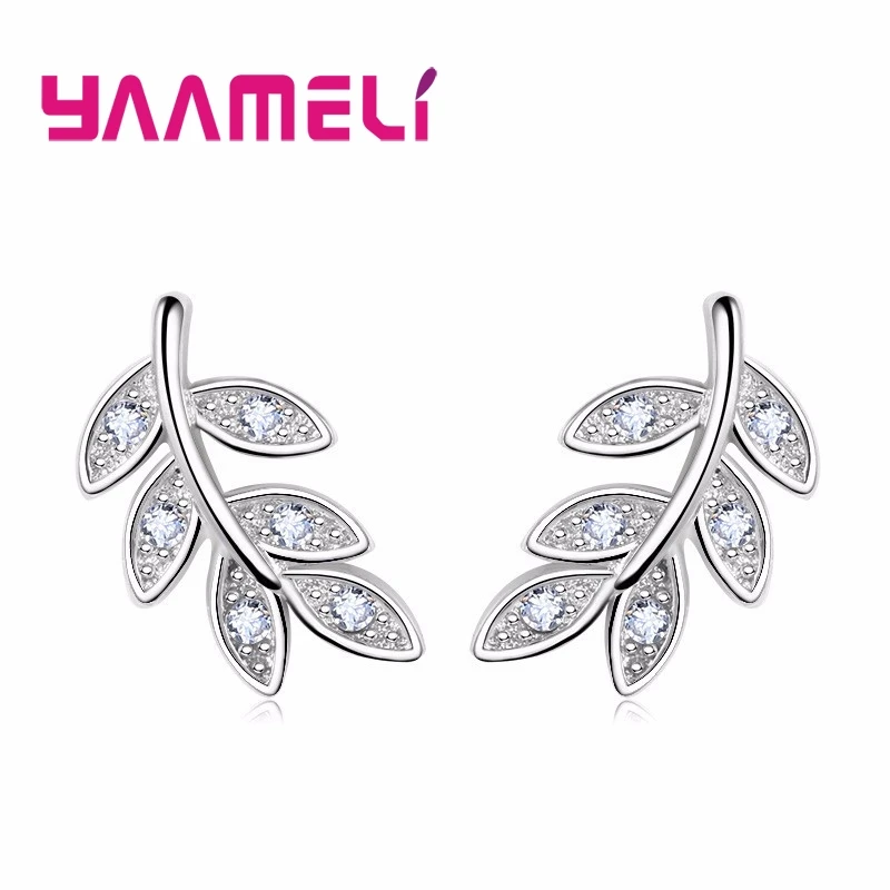 

Trendy Real 925 Sterling Silver Stud Earrings Sweet Feather Leaves Design Austrian Crystal Paved Women Girl Gfit Jewerly