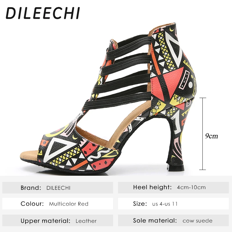 Dance Shoes DILEECHI Featured print Dance Shoes For Women Latin Salsa Dance Boots Paty Ballroom Shoes Women cuban heel 9CM