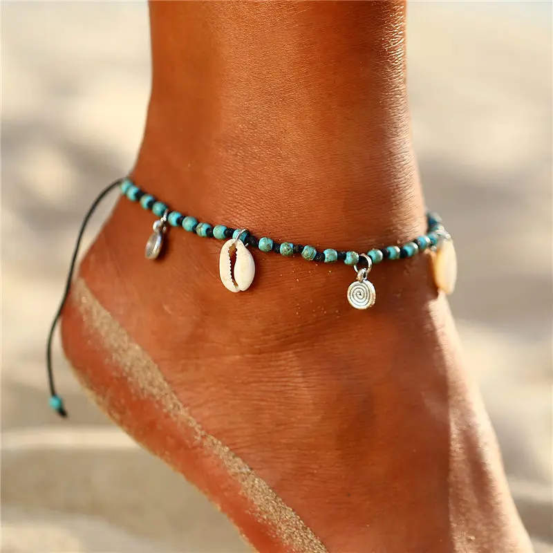 

New Arrival Bohemia Jewelry Footchain Nature Conch Shell Pendant Alloy Charm Nature Stone Beaded Anklet Adjustable Ankle