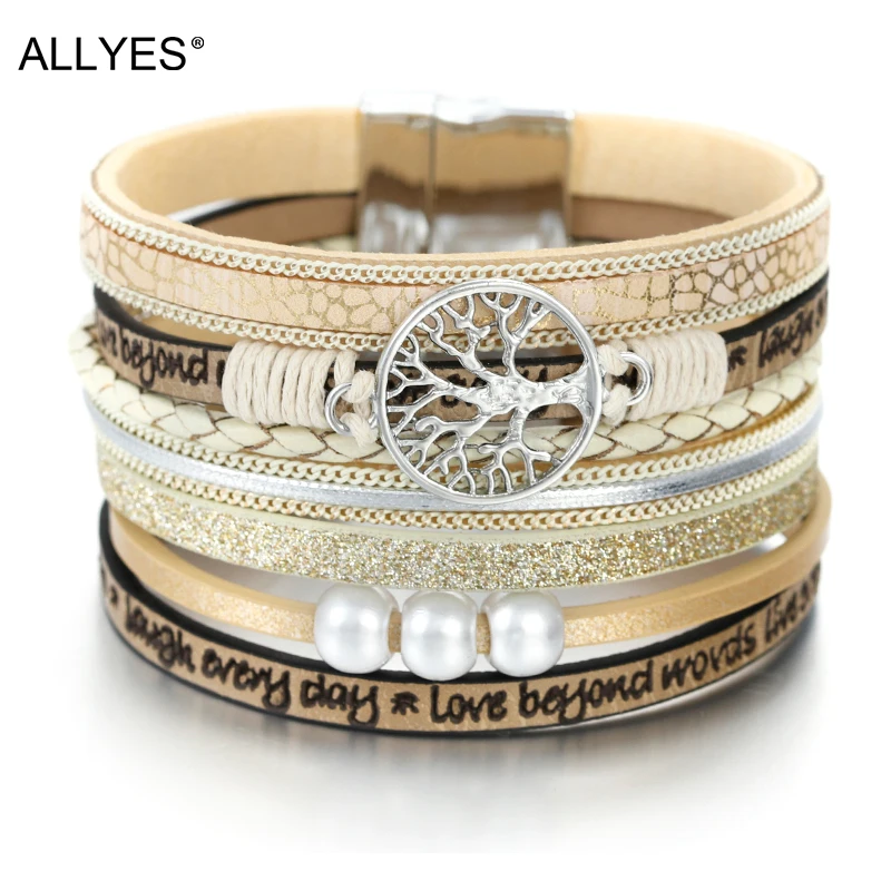 

ALLYES Leather Bracelets for Women 2019 Fashion Tree of Life Ladies Bohemian Multilayer Wide Wrap Bracelet Female Jewelry