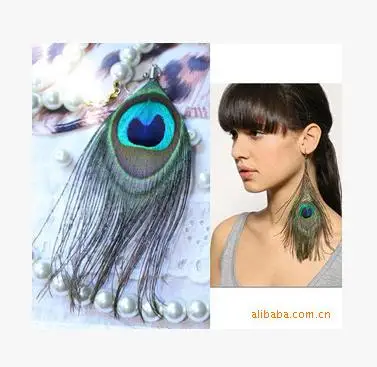 

Hot-saled Long European style Real peacock feathers Earrings Feather Dangle Drop Earrings free shipment 12pairs/lot g400-5