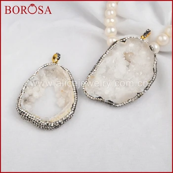 

BOROSA Free shipping New! Freeform Raw Druzy Crystal Quartz Slice Pendant Bead Paved Zircons JAB219