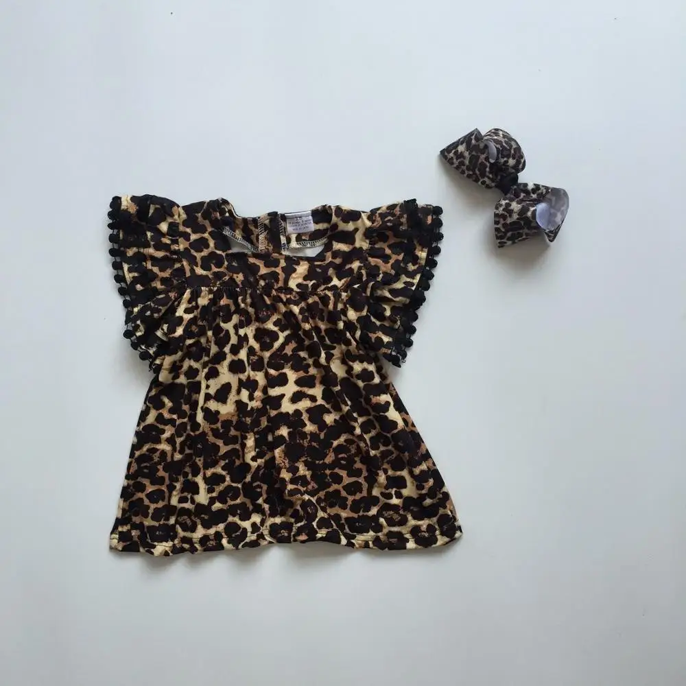 

Baby girls children clothes kidswear leopard outfits pom-pom short sleeve top t-shirt cotton ruffle boutique raglans match bow