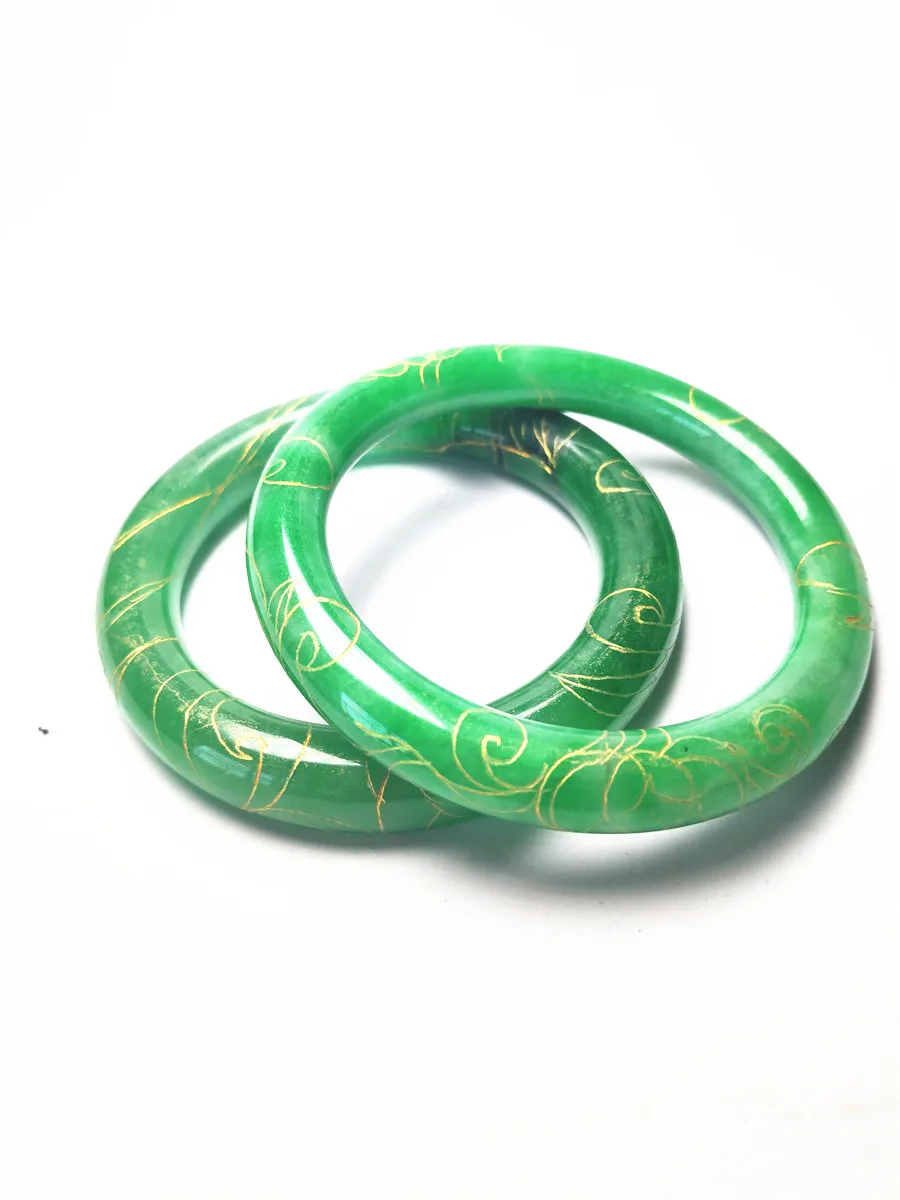 Koraba Vintage Women Gold Edge Natural Green Jadeite JADE Bracelet