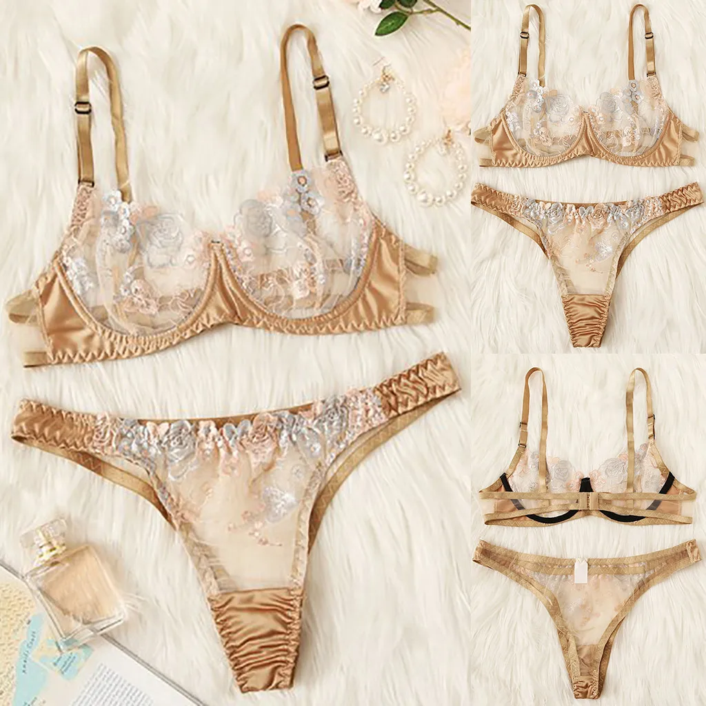 

feitong Sexy Exquisite Lace Lingerie Bra+Briefs Set Babydoll fresh crochet broadside lingerie set#3