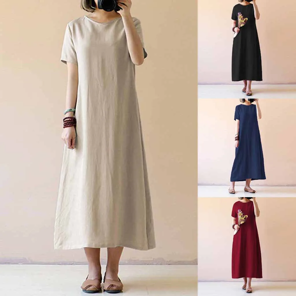 Женское свободное платье с карманами Robe de dames повседневное длинное однотонное