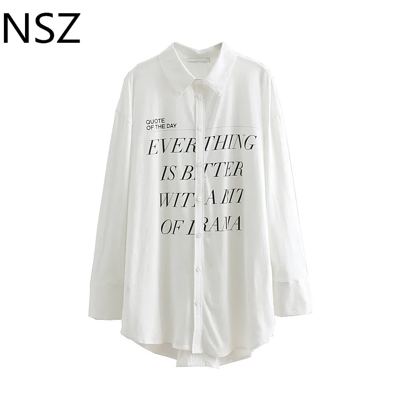 

Women White Knitted Cotton Oversize Shirt Letter Loose Casual Long Top Long Sleeve Back Buttons Blouse Blusas Femininas Camisas