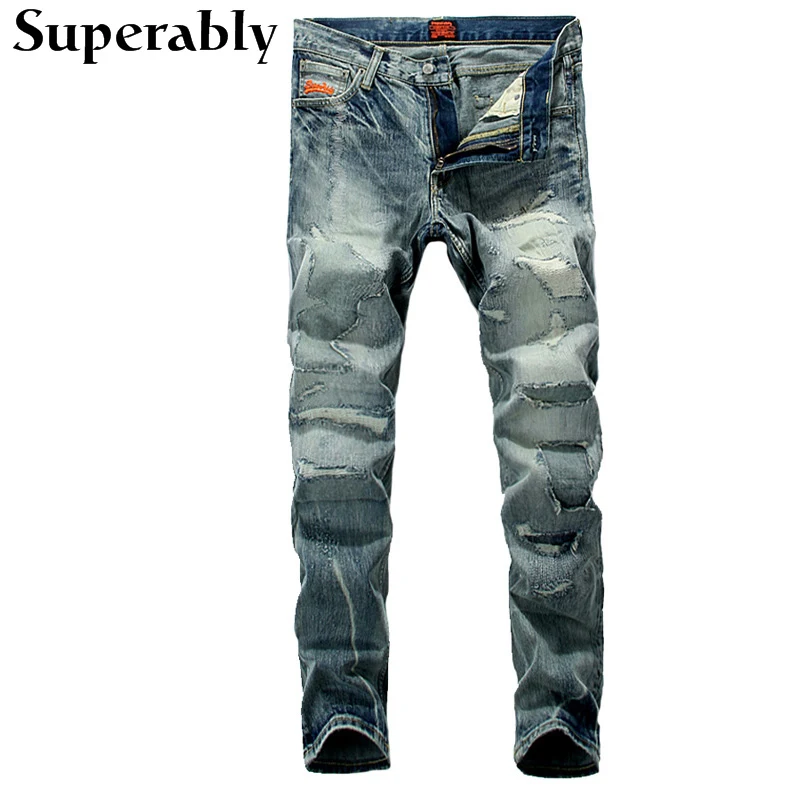 

Fashion Designer Men Jeans Retro Color Straight Fit Destroyed Ripped Jeans Mens Pants Superably Brand Stripe Jeans Men Trousers