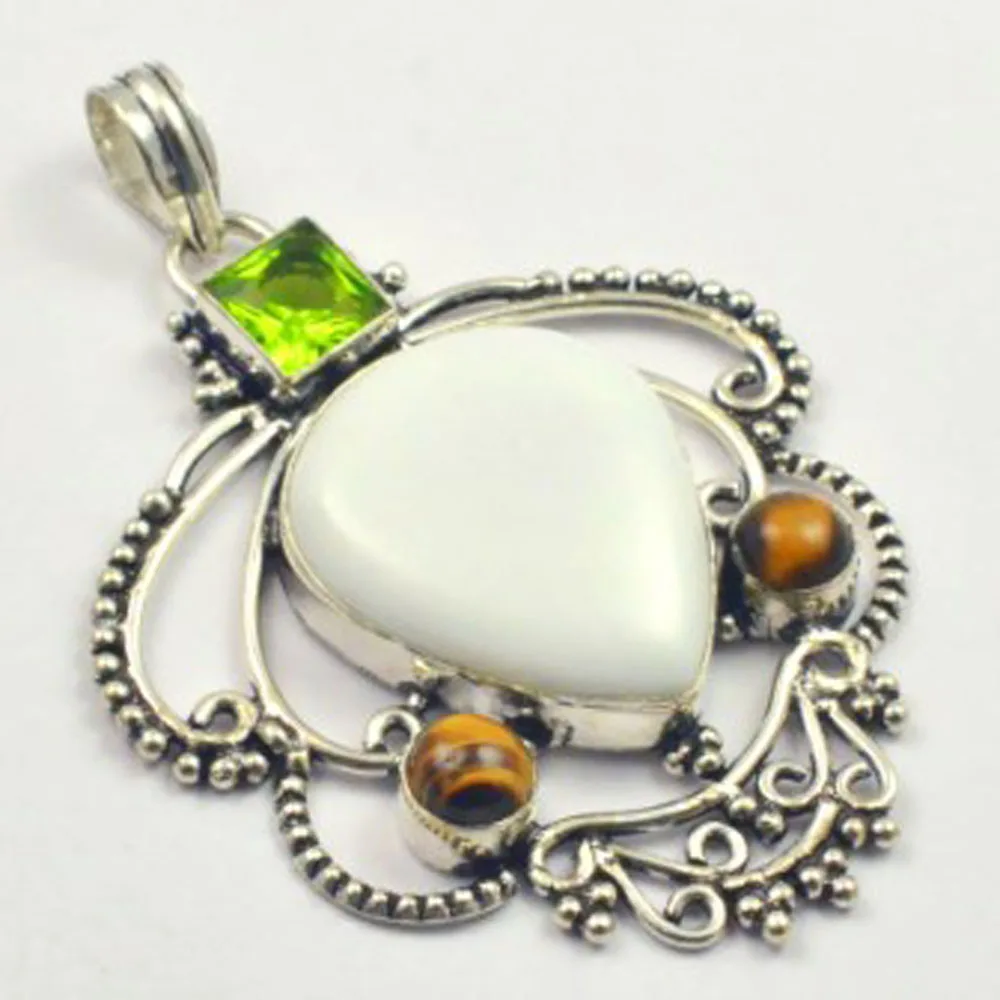 

White Opal & Tiger Eye & Peridots Pendant Silver Overlay over Copper, Total Length: 65mm , P4199