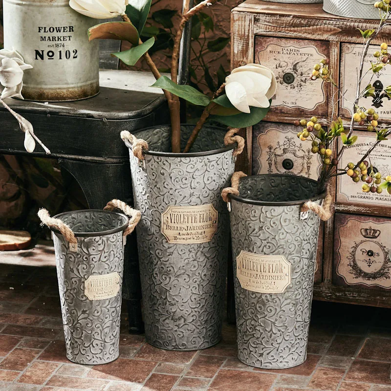 

stack 3 pieces artificial flowers arrange handcrafted metal zinc antique bucket