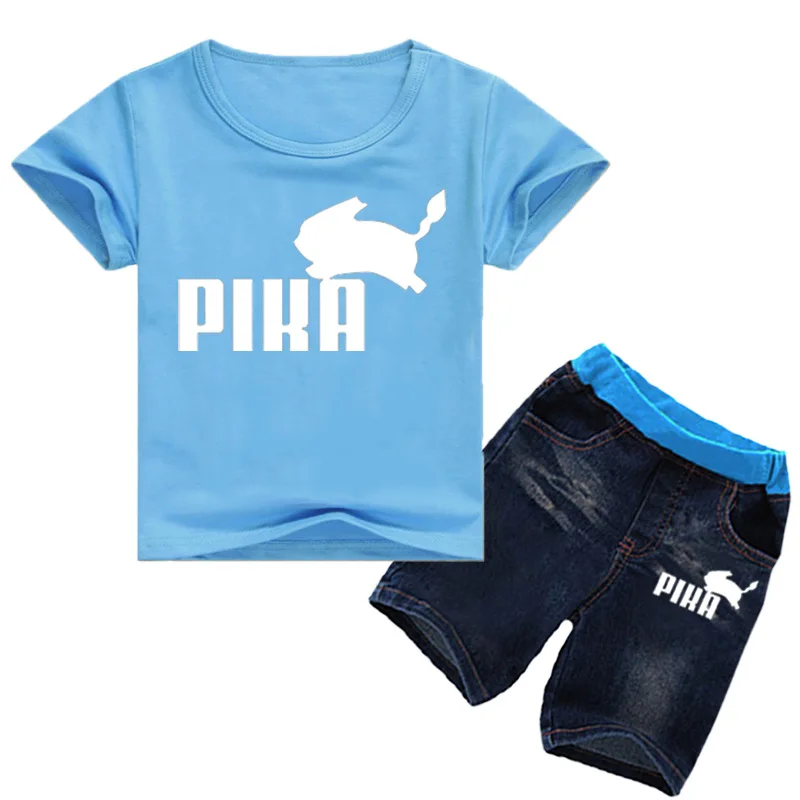 

DLF 2-16Y 2019 New Boys Girls Summer Cartoon Anime Pika T Shirt + Denim Shorts Clothes 2pcs Sets Pokemon Go Kids Jeans Clothing