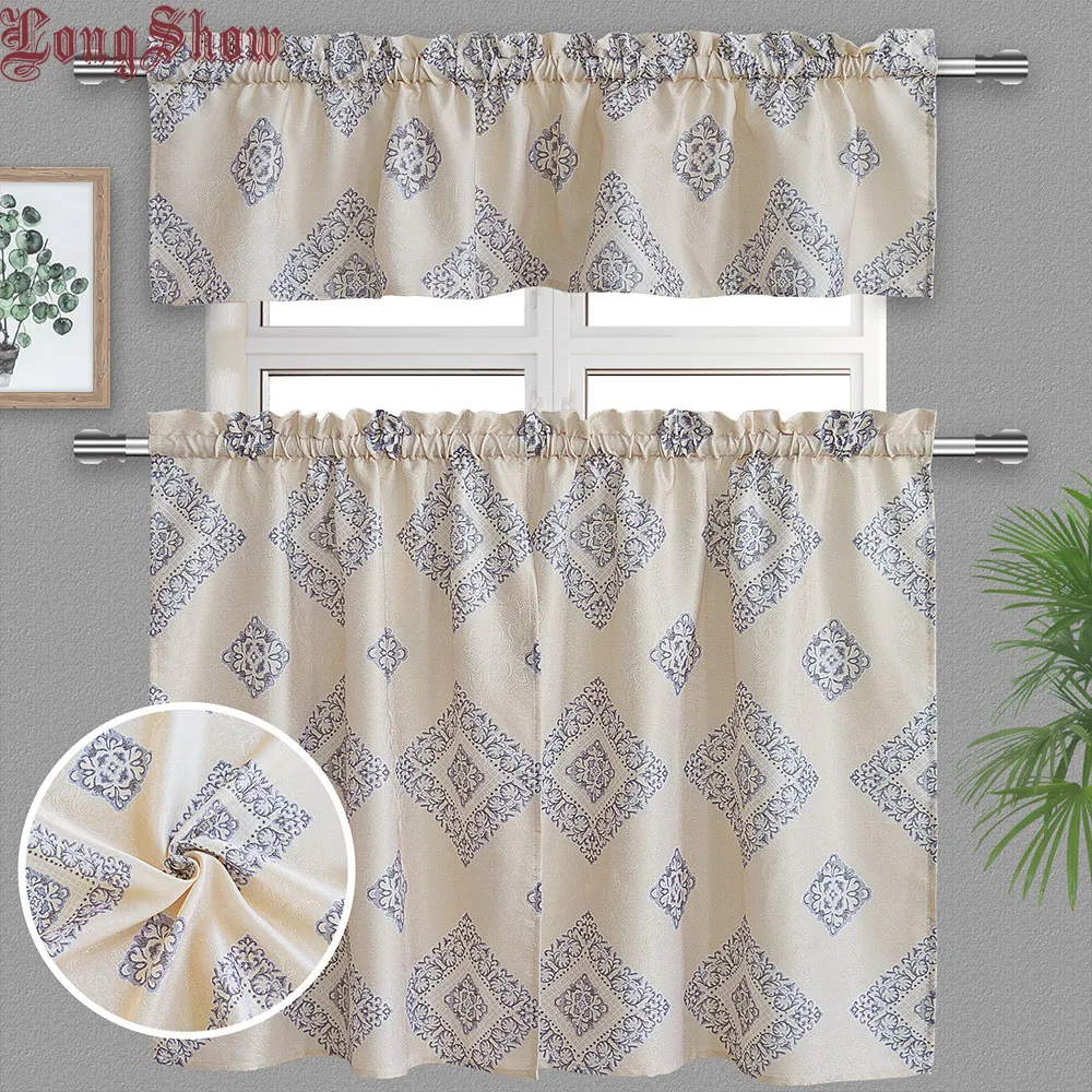 

1 Set Of 3Pcs Lovely Romantic Home Decorative Classic European Jacquared Style Blue Rhombus Door Bay Window Kitchen Curtains