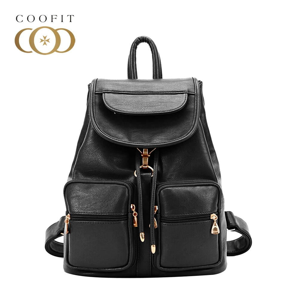 

Coofit Fashion Casual Backpack Black Vintage PU Leather Bagpack Drawstring Design Flap Cover Backpacks For Women Girls Schoolbag