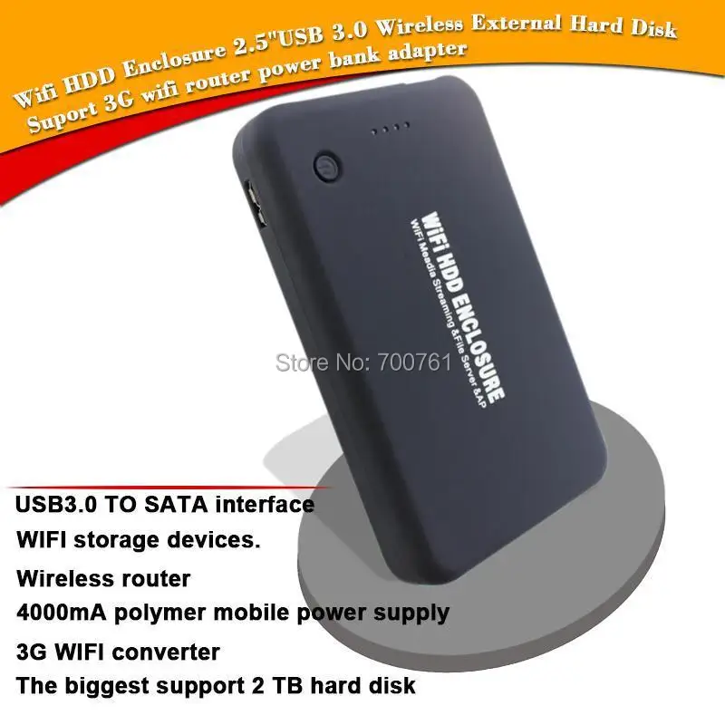 

2.5'' SATA Wifi HDD Enclosure ,USB3.0 Wireless HDD External Box Hard Disk Case,3G wifi router 4000MA power bank for Notebook  PC