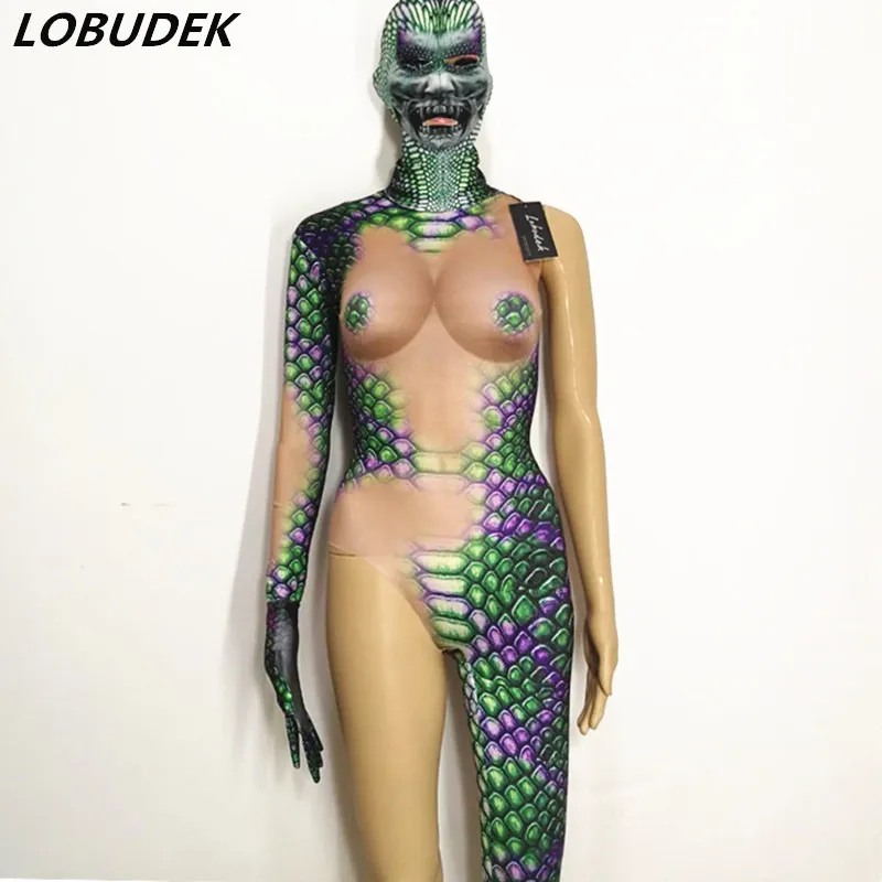 

3D Snake printing Jumpsuit Men Women Horror Costume Bar Club Dance group Role performance costumes stage show leotard jumpsuit