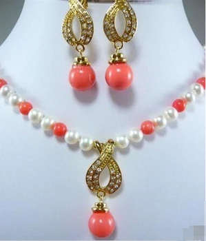 

free shipping 07710 Pearl /Pink Coral Necklace Earring Set (A0423)