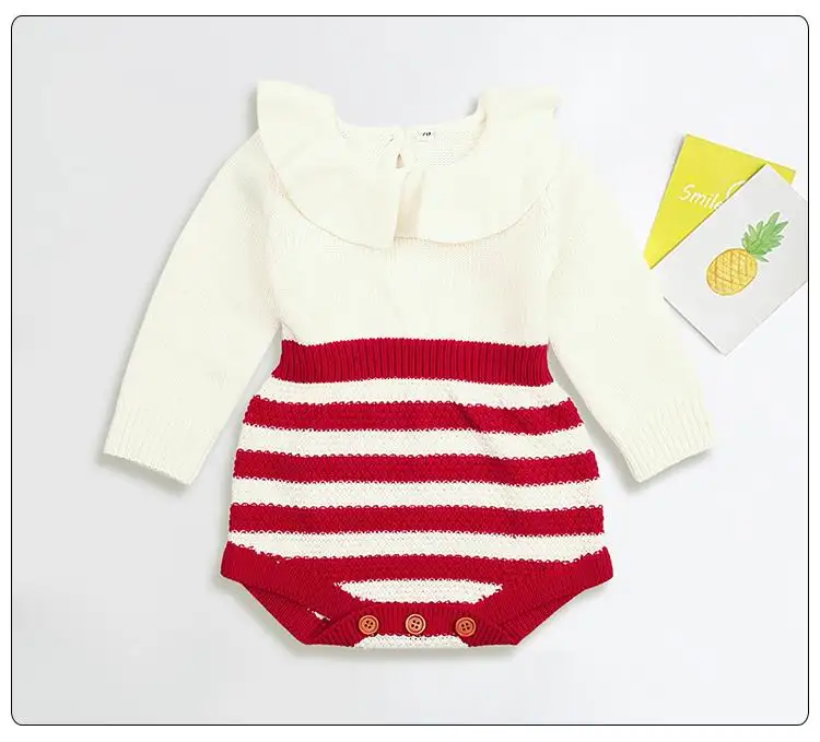 Розничная, боди для маленьких девочек, весенне-осенний Трикотажный Хлопковый комбинезон в полоску с воротником «Питер Пэн» и длинными рукавами, детская одежда MMX001 - Цвет: Красный