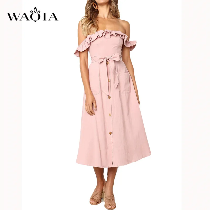 WAQIA Sexy Bow Backless Printed Beach Summer Dress Women 2019 Ruffles Strapless Buttons Black Pink Off Shoulder Midi Dresses | Женская