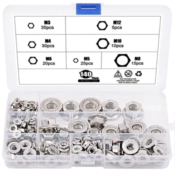 

DSHA -140-Pcs M3 M4 M5 M6 M8 M10 M12 Hex Flange Nuts Assortment Kit - 304 Stainless Steel
