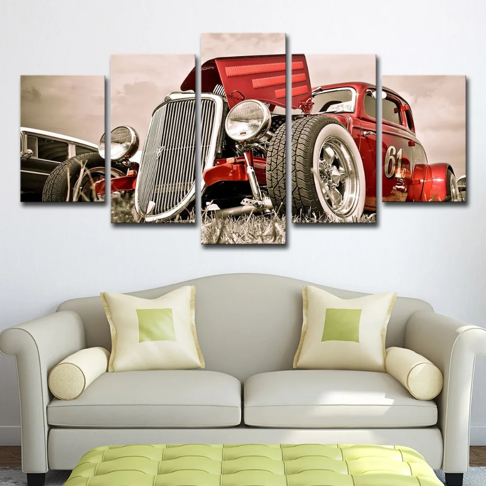5P0005 Canvas Wall Art Pictures Home Decor 5 Pieces Hot Rod Red Front View Wheels Paintings Living Room HD Prints Car Poster Framework 