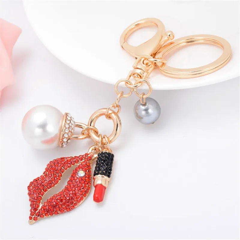 2017 New Pearl Lips Lipstick Keychains Creative Key Chains Women Girls Bag Charm Car Keyrings