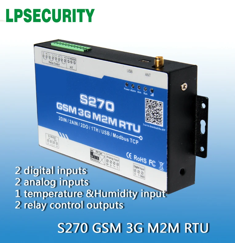 S270 M2M GSM/GPRS RTU Управление; с 2 цифровых+ 2 аналоговых входа+ 1 температуры и влажности вход+ 2 реле Управление выходы