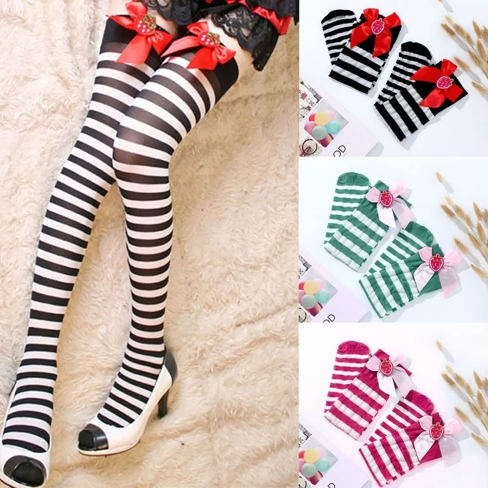 

Women Girls Lolita Sailor moon Over Knee Long Stripe Printed Thigh High Striped Cotton Socks Cute Plus Size Overknee with Bow