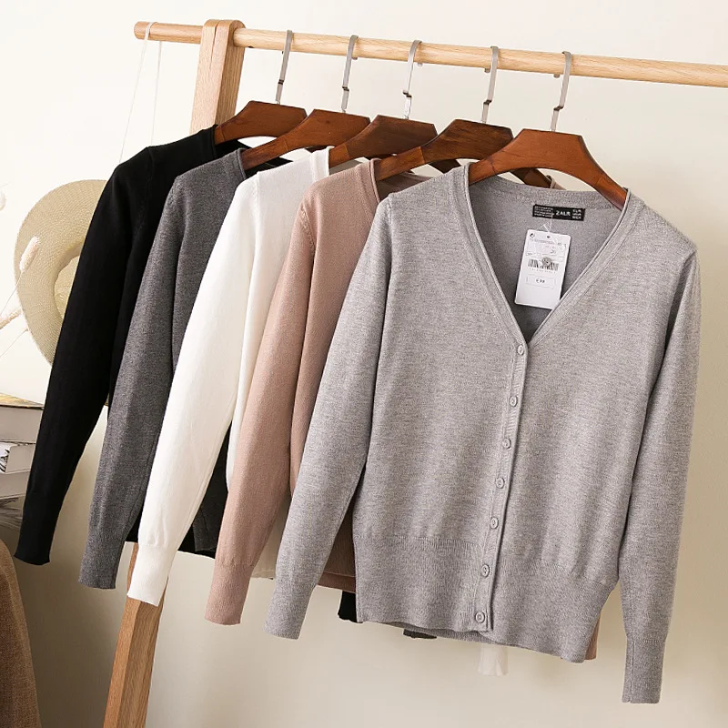 

2019 Korean loose short knitted sweater thin section spring and autumn V neck long-sleeved elegant women's cardigan 18314