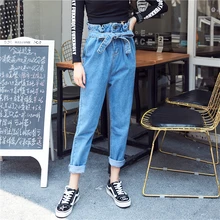 Винтажные джинсовые Капри женские Джинсы бойфренда с высокой талией джинсы для женщин джинсы больших размеров синий пояс шаровары