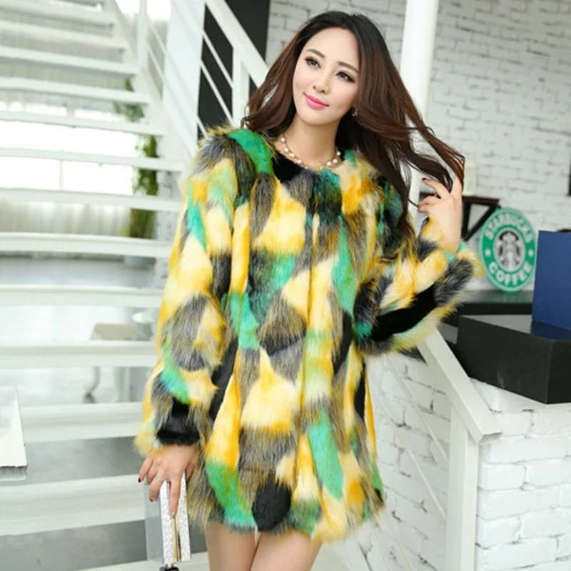 

2018 Hot Sell New Women's Long Faux Fur Colorful Fox Fur Long-sleeved Coat High Quality Faux Mink Coat Elegant Casual Jacket