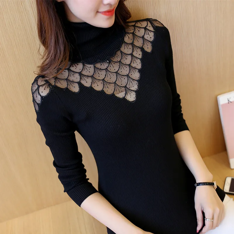 

2019 Promotion All-match Slim Lace Knitting Women Sweater Pullover Spring Autumn Korea Long Sleeve Turtleneck Sweaters