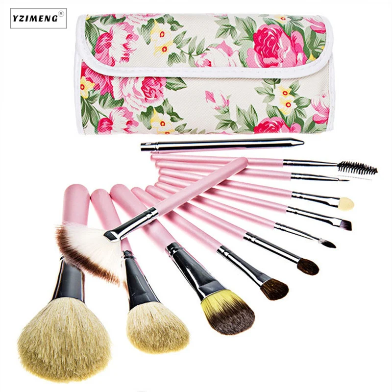 12Pcs/Set Fashion Makeup Brushes Kit Pink Floral Printed Case