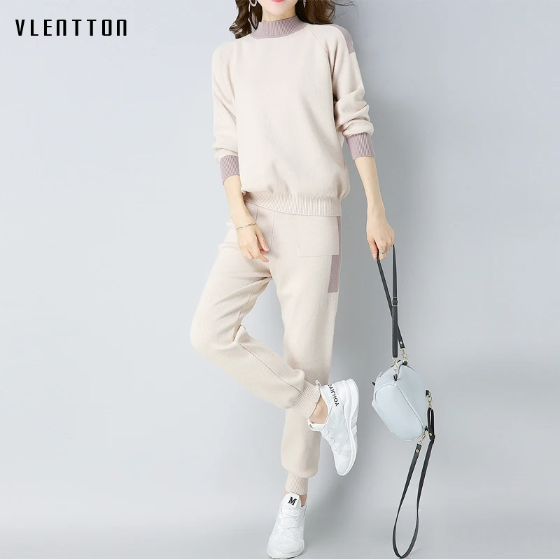 

Autumn Winter Knitted Tracksuits Suits Set 2018 Fashion New Elegan Two Piece Set Women Sweater And Pants 2 Piece set