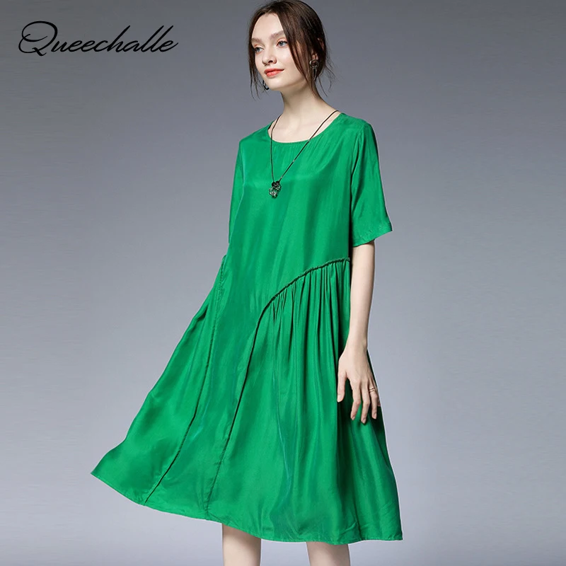 

Queechalle 2019 Summer Women Dress Elegant Party Rayon Midi Dress A-line Side Fold Casual Loose Dress Female Plus Size Vestidos