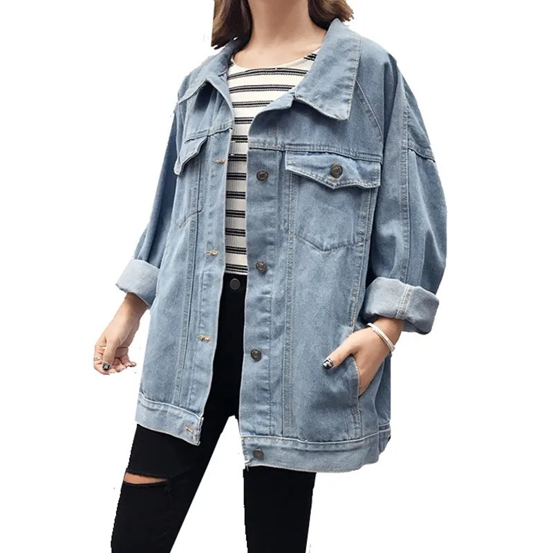

2019 New Spring Women Basic Coat Loose Turn Down Collar Jacket Women Casual Long Sleeve Denim Jacket Female Jeans Outerwear