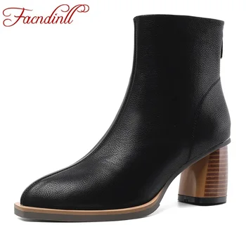 

FACNDINLL 2019 new genuine leather women ankle boots shoes fashion high heels autumn winter warm black brown zipper riding boots