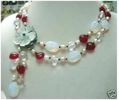 

free shipping 17-18" Moonstone Red & opal Necklace+shell clasp 10mm