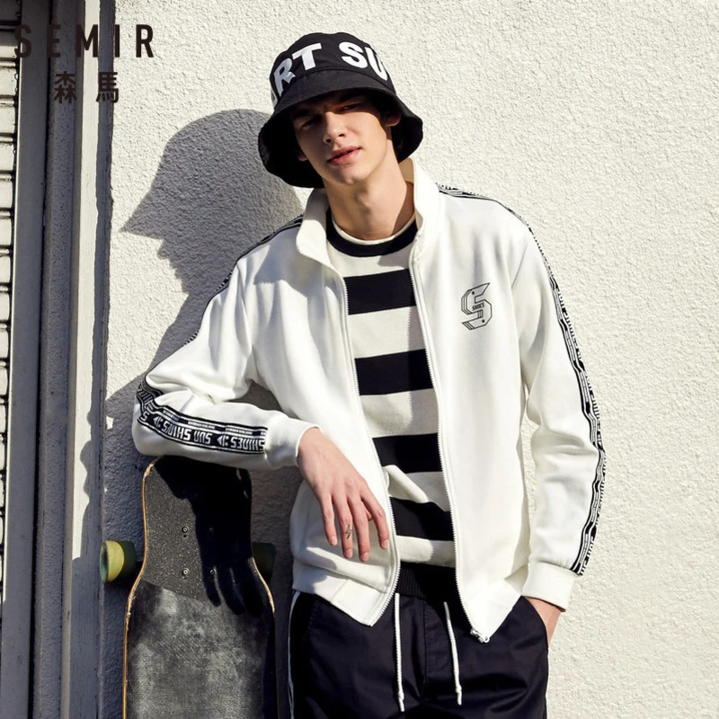 

SEMIR Men Sports Jacket with Stand-up Collar Mens Full-Zip Jacket with Side Strip at Sleeve Zip Jacket with Front Slant Pocket