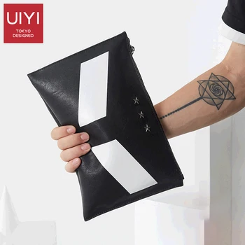 

UIYI men's wallet clutch black white stitching two-layer leather fashion clutch wallet street Long Black purse square bag bolsos