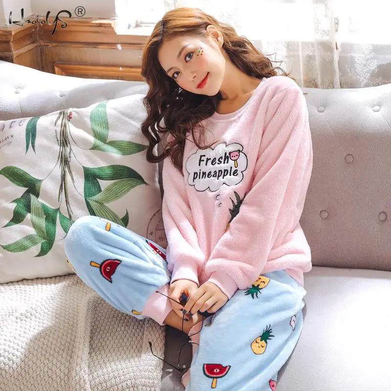 

Thickened Flannel Pajamas 2019 Autumn Winter Warm Women Pajama Sets Cartoon Animal Pyjamas Suit Coral Velvet Sleepwear For Women