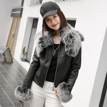 Мода PU Искусственная кожа лоскутное волосатые лохматый искусственного лисьего Меховая куртка большой лацкан пальто Теплый тонкий короткая верхняя одежда молния Топы корректирующие Femme черный