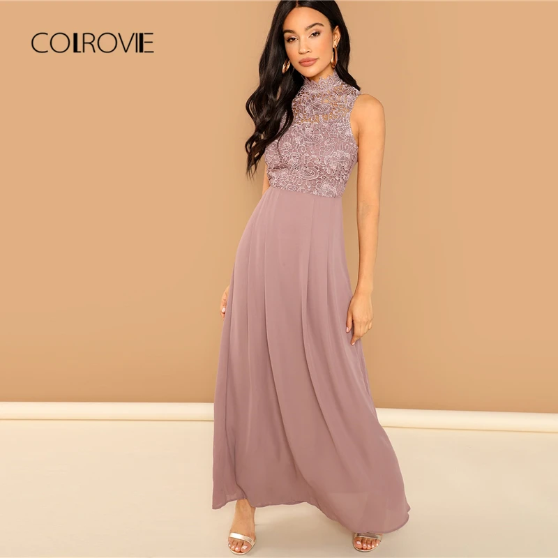 

COLROVIE Pink Solid Guipure Overlay Bodice Sheer Sweet Party Lace Dress Women 2018 Autumn Sleeveless Vintage Elegant Maxi Dress