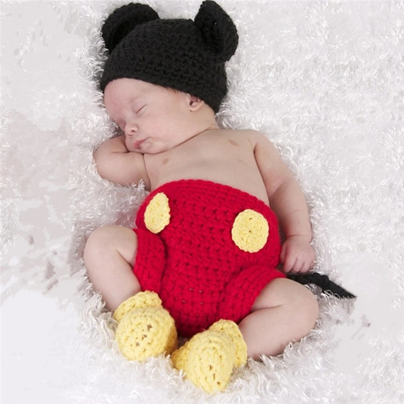 3Pcs/set Baby Mickey Three-piece Suit Newborn Baby Girls Boys Crochet Knit Costume Photography Prop Outfits