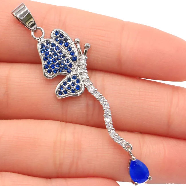 Pretty Butterfly Tanzanite,Real Blue Sapphire CZ Gift Silver Pendant 57x17mm-in Pendants from 
