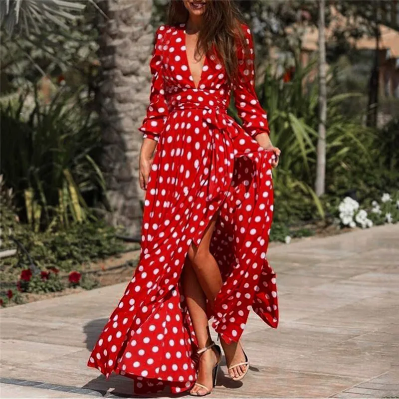 

New Fashion Women Polka Dot Dress Sexy Deep V-Neck Boho Style Zippers Maxi Dresses Casual Beach Long Sleeve Dress With Lace Up