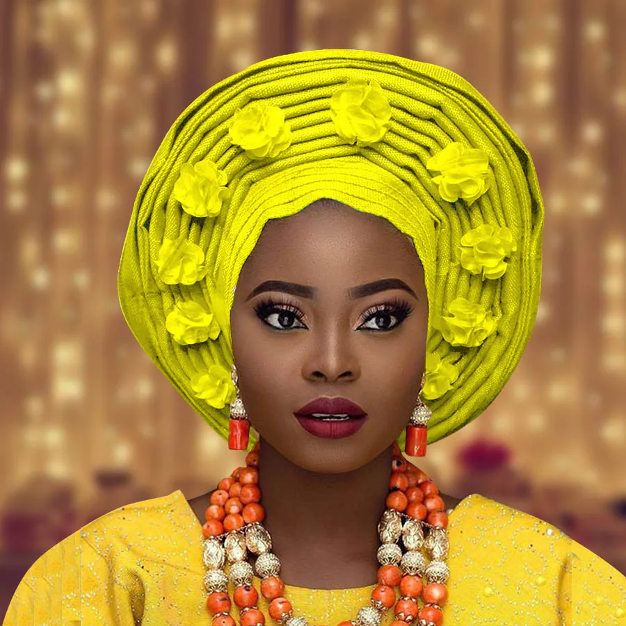 Африканский aso oke Авто геле для женщин с цветком нигерийский aso ebi головной убор для свадьбы - Цвет: yellow