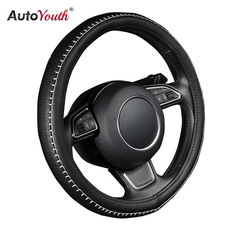 AUTOYOUTH PU leather steering wheel cover black color with white durable sewing thread M size fits 38cm/15\ AUTOYOUTH PU leather steering wheel cover black color with white durable sewing thread M size fits 38cm/15\