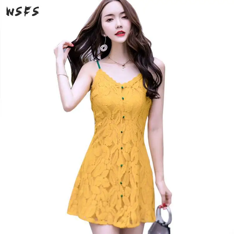 

Summer Lace Dresses Yellow Vneck Spaghetti Strap Backless Womens Dress Elegant Office Ladies Bodycon Sexy Patry Mini Aline Dress