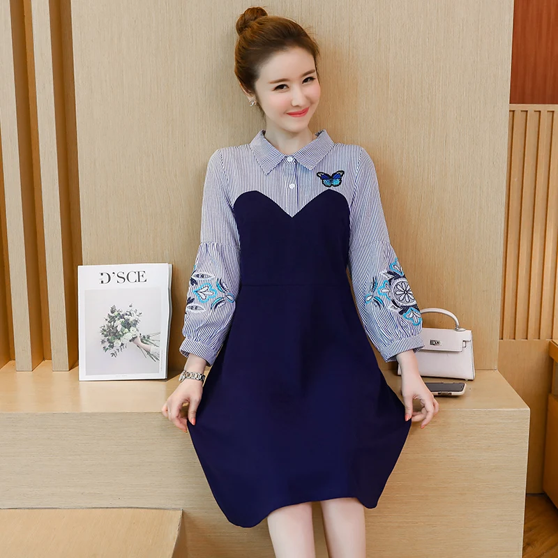 

Autumn style Fashion Fake 2 Piece Slim flower Print Dress Long Sleeve Women Casual striped flower embroidery slim Dresses 968C3