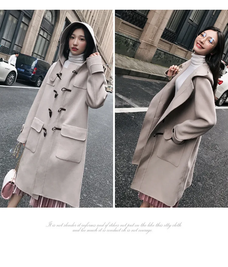 Повседневное Свободное длинное полушерстяное Женское пальто с твердой роговой пряжкой Женская куртка с карманами с капюшоном корейское женское модное пальто